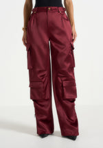 Emilie - Satin High Waisted Cargo Pants - Wine Red