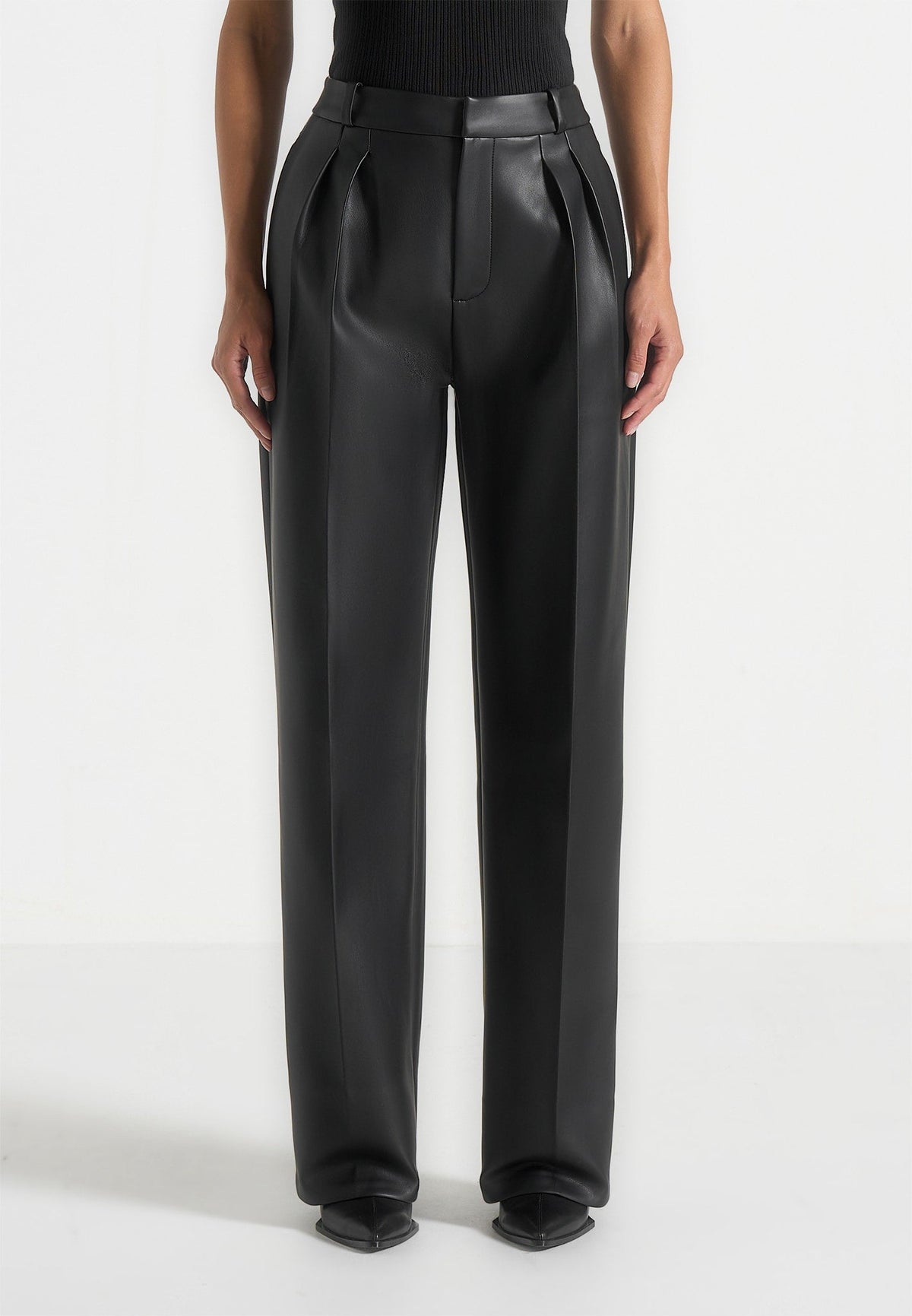 Julie - Leather Twin Pleat Pants - Black
