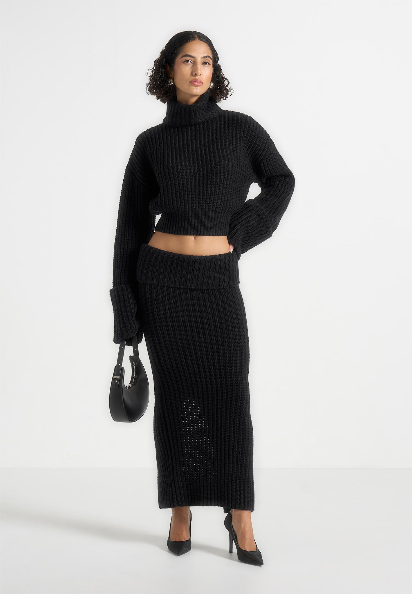 Amaya - Roll Neck Knit Jumper With Cuffs - Black