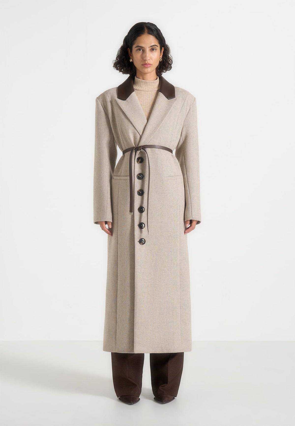 Anissa - Herringbone Wool Oversized Coat with Leather Belt - Beige