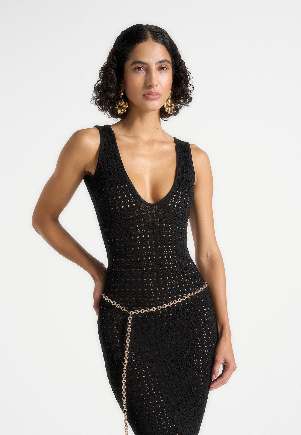 Myriam - Pointelle Plunge Maxi Dress With Chain - Black