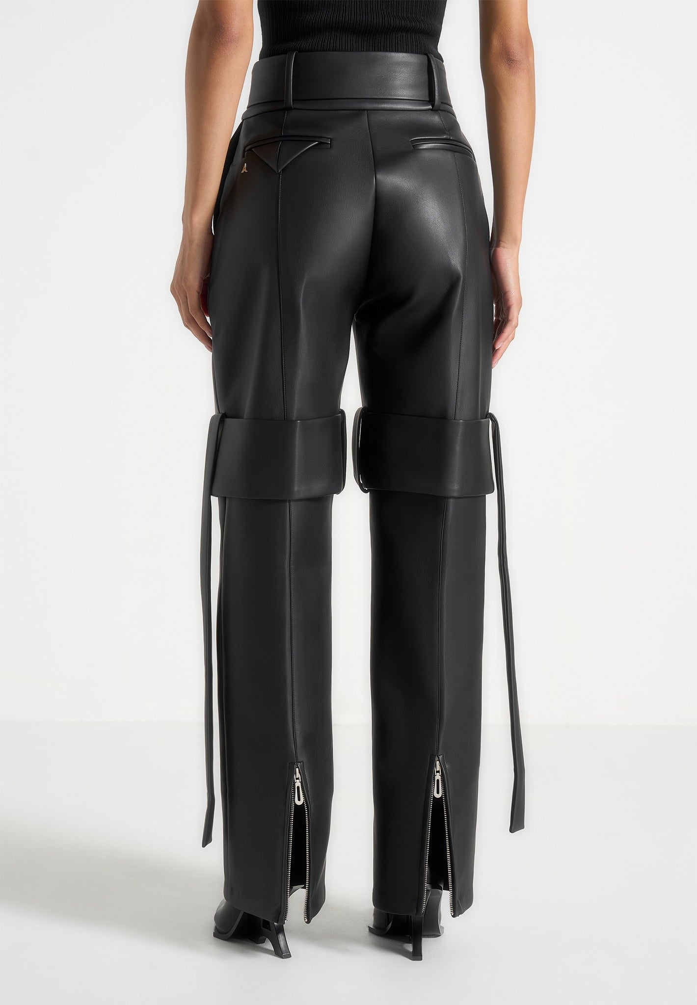 Isabelle - Leather Belted Strap Detail Pants - Black