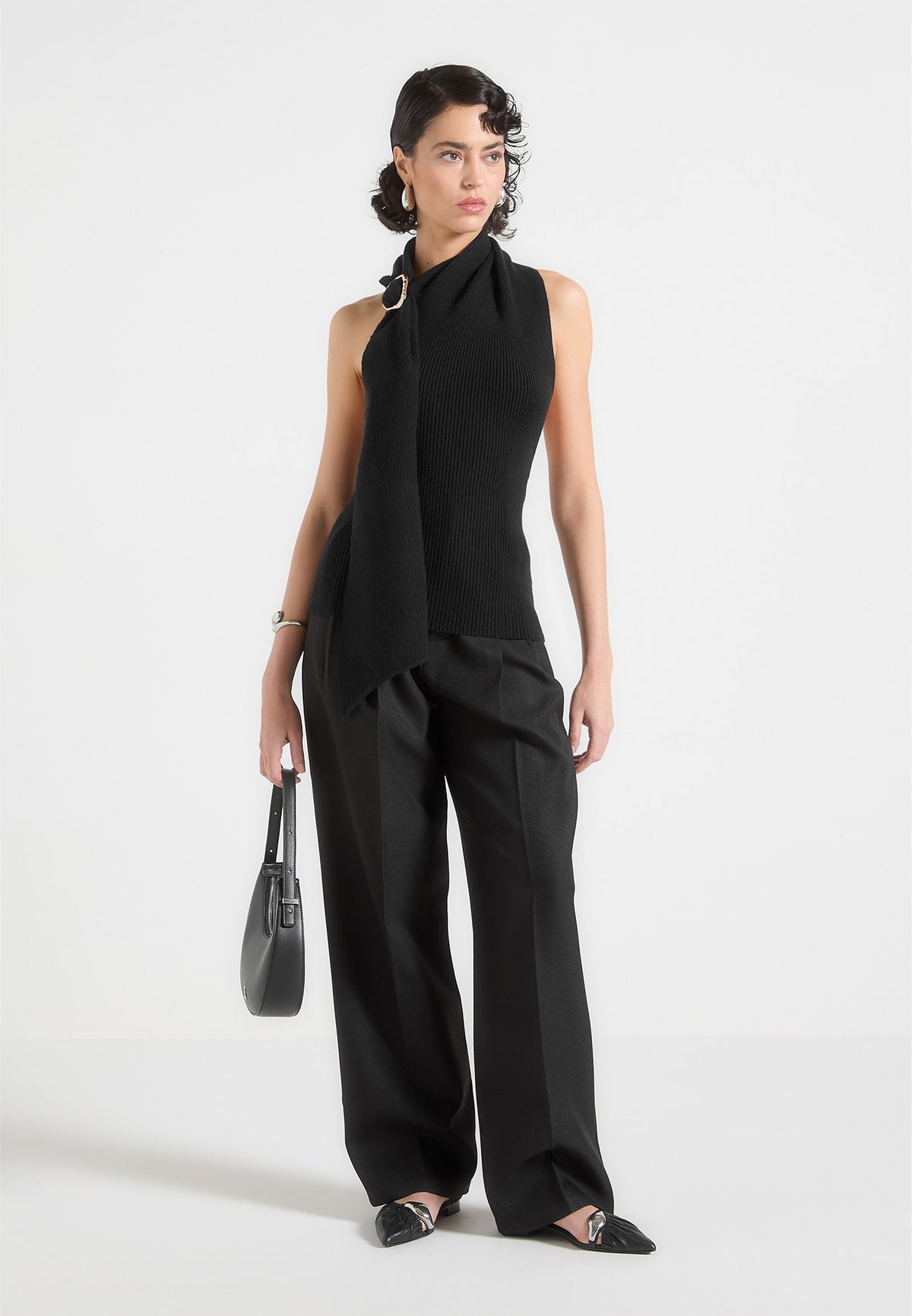 Elodie - Knitted Draped Halterneck Top - Black