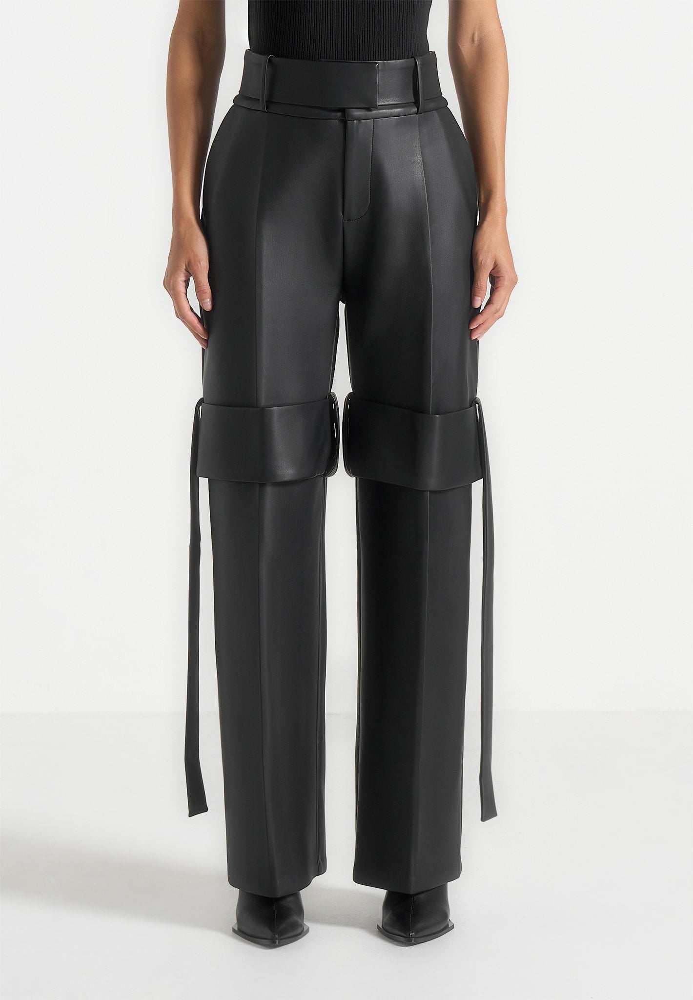 Isabelle - Leather Belted Strap Detail Pants - Black