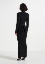 Hana - Wide Shoulder Knit Dress With Waist Tie - Black