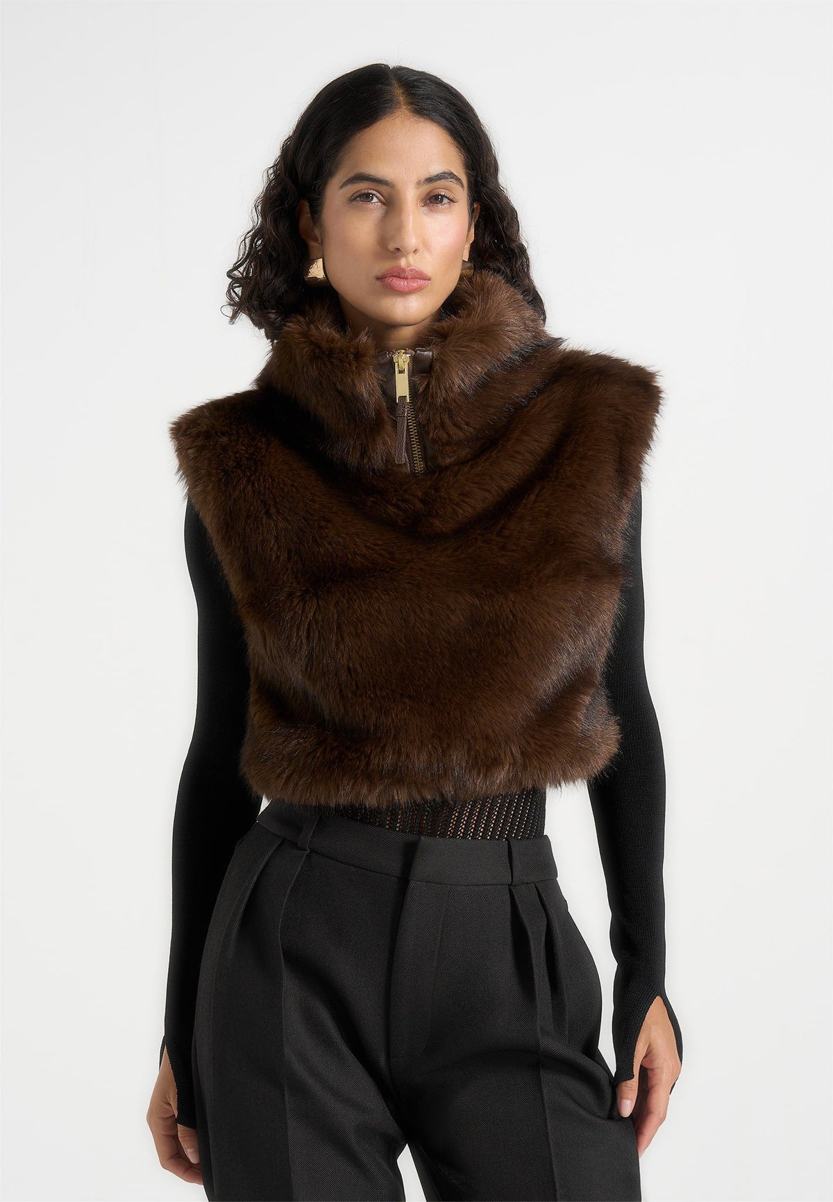 Nayla - High Neck Fur Jumper - Brown