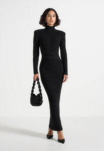 Hana - Wide Shoulder Knit Dress With Waist Tie - Black