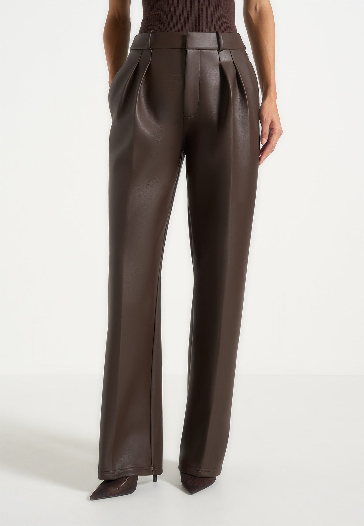 Julie - Leather Twin Pleat Pants - Brown