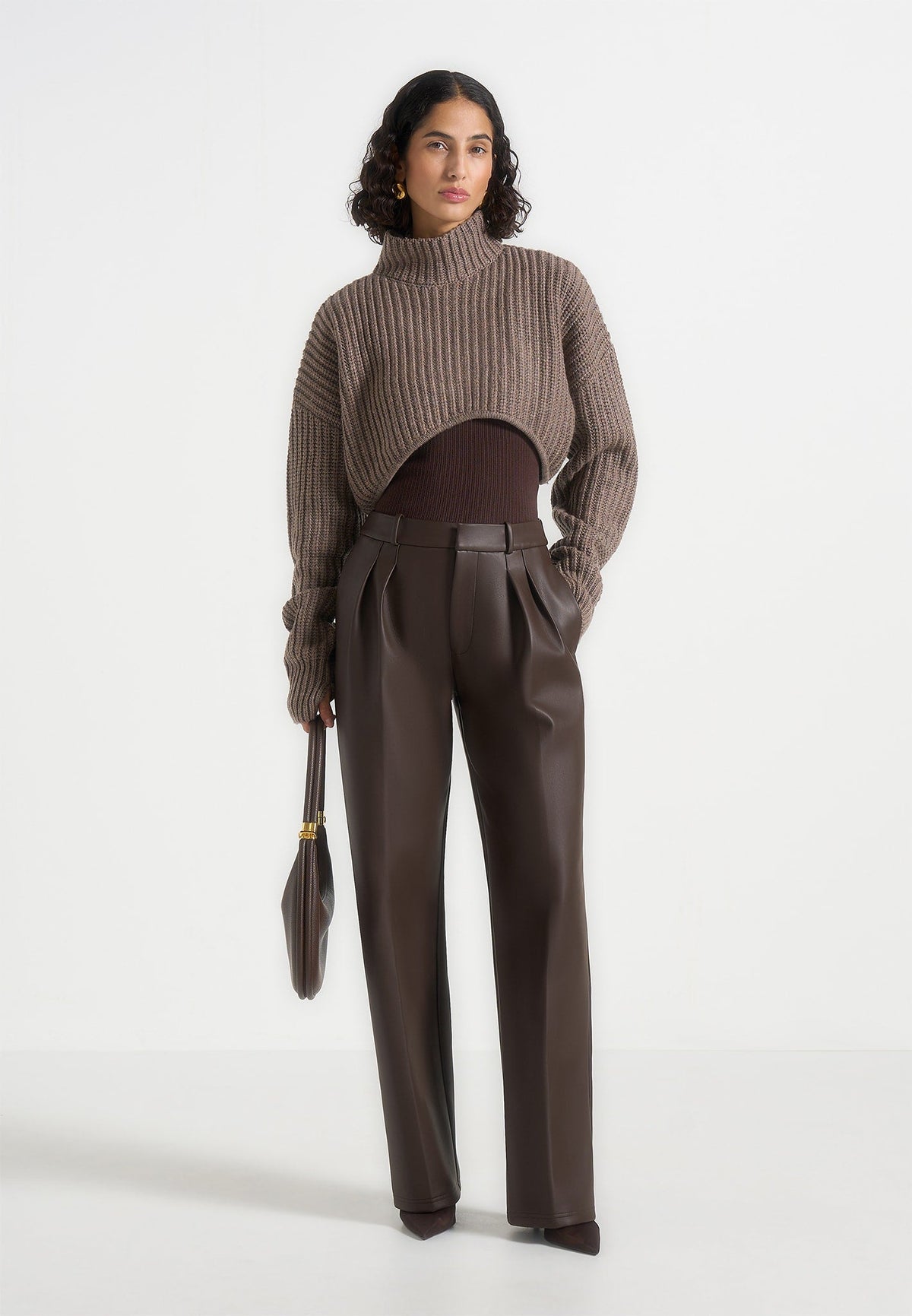 Julie - Leather Twin Pleat Pants - Brown