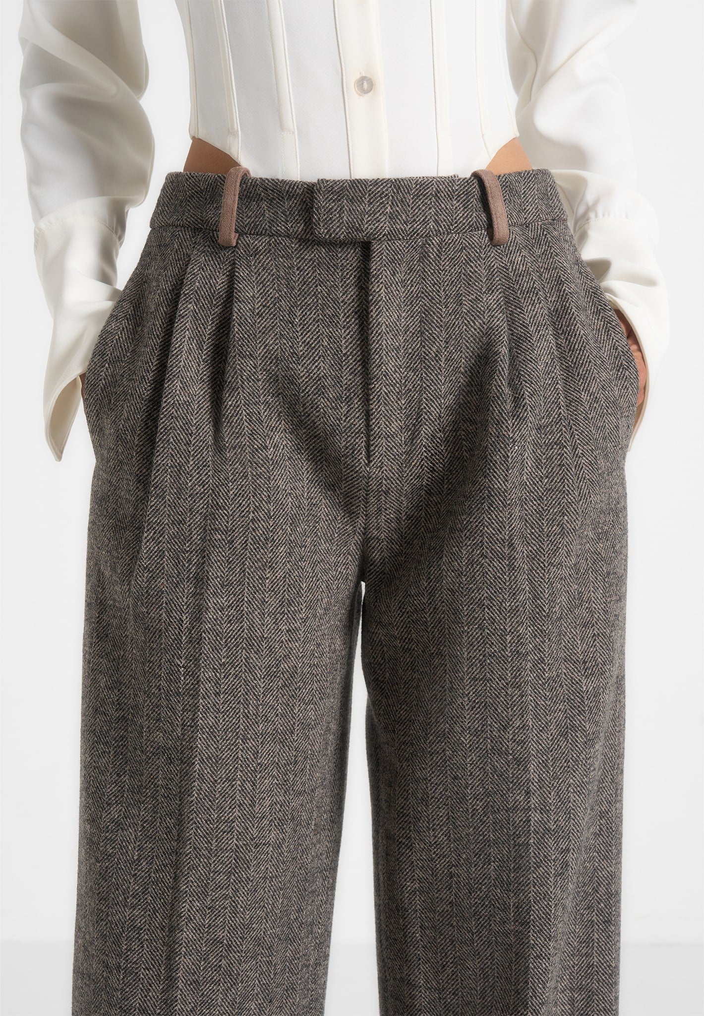 Julie - Herringbone Wool Twin Pleat Pants - Grey