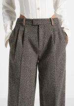 Julie - Herringbone Wool Twin Pleat Pants - Grey
