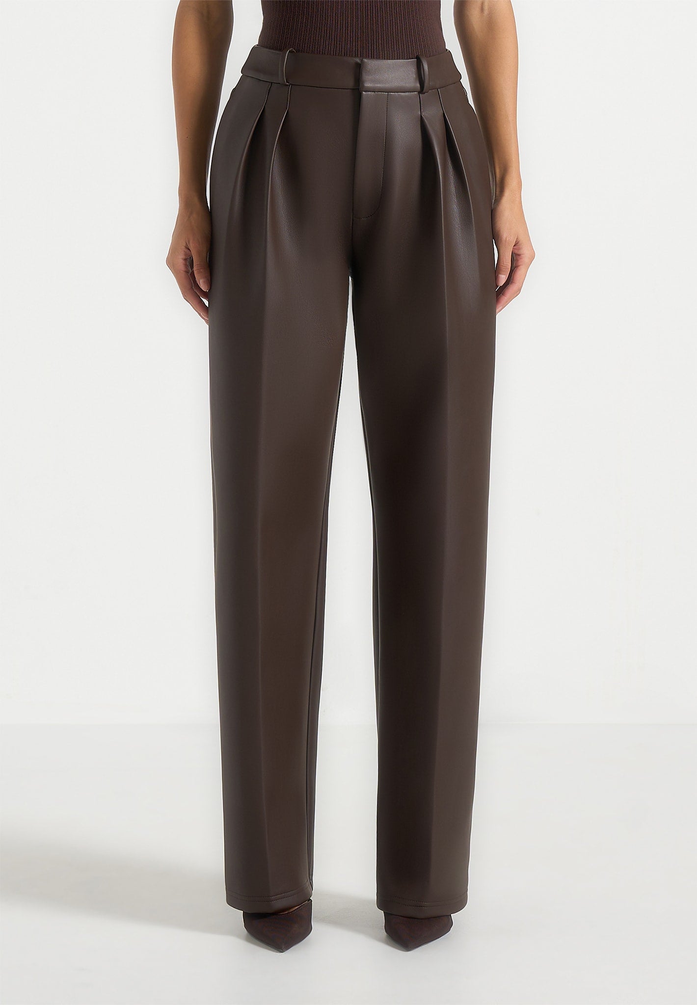 Julie - Leather Twin Pleat Pants - Brown