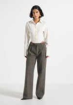 Julie - Herringbone Wool Twin Pleat Pants - Grey