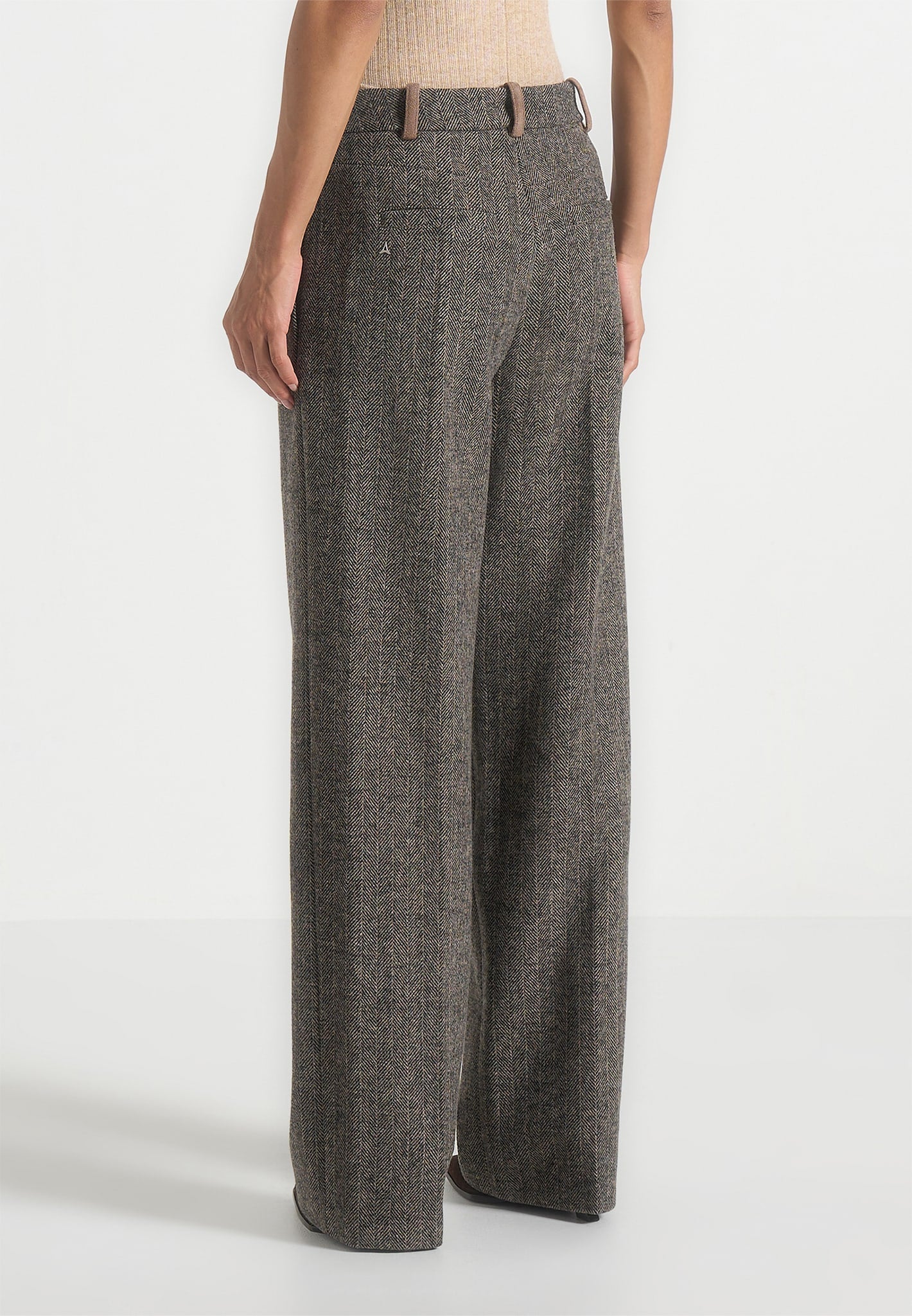 Julie - Herringbone Wool Twin Pleat Pants - Grey