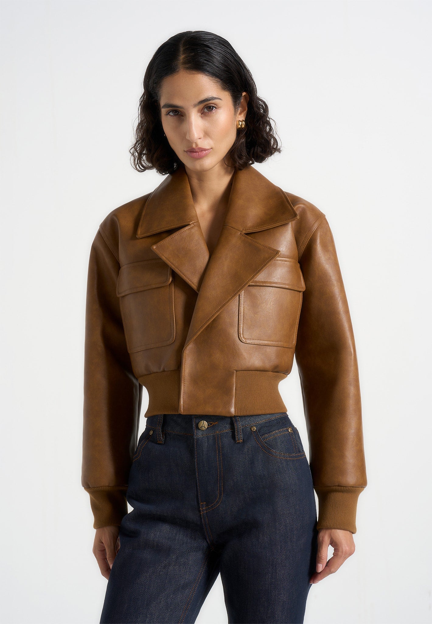 Cosette - Vintage Leather Lapel Bomber Jacket - Brown 