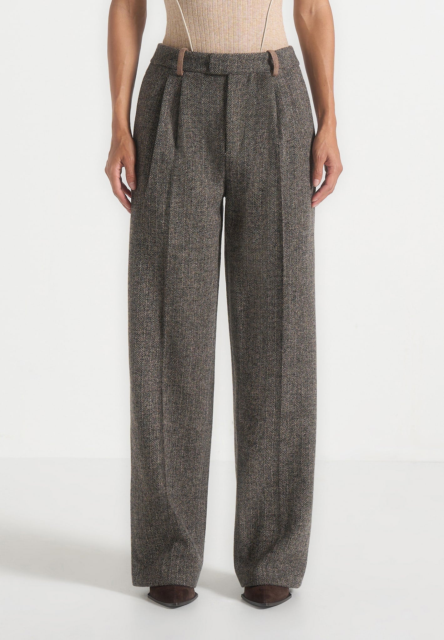 Julie - Herringbone Wool Twin Pleat Pants - Grey