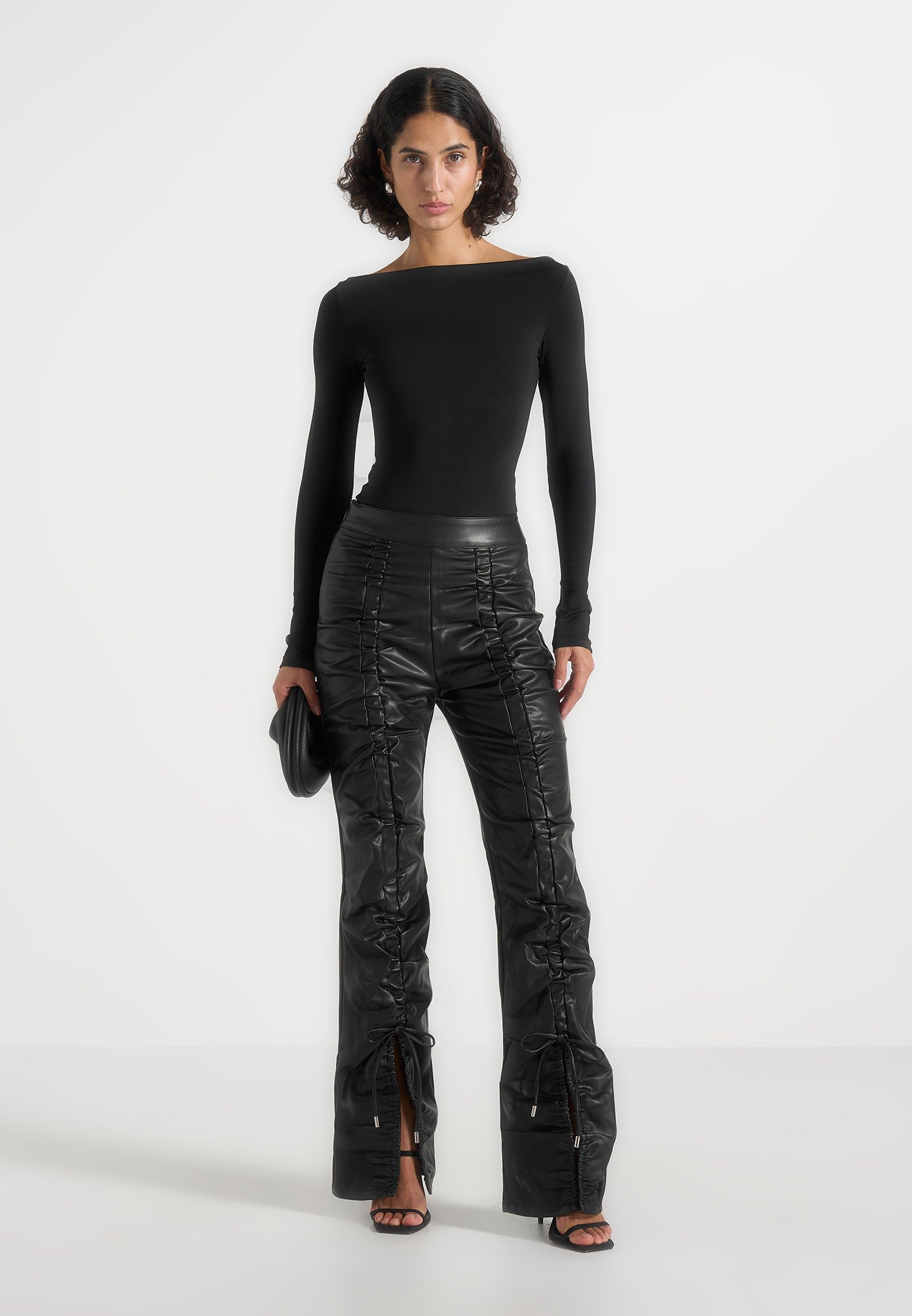 Leather Ruched Trousers - Black 
