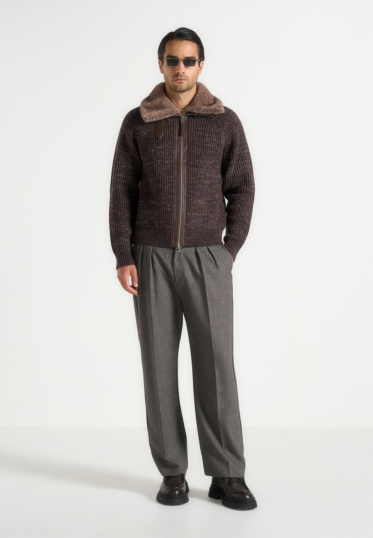 ariel-unisex-plush-collar-speckled-knit-jacket-brown