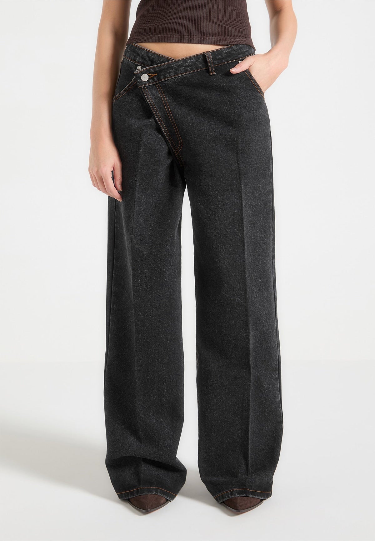 Astrid - Wrapover Wide Leg Denim Jeans - Washed Black