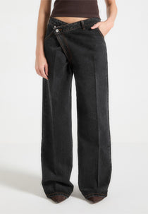 Astrid - Wrapover Wide Leg Denim Jeans - Washed Black
