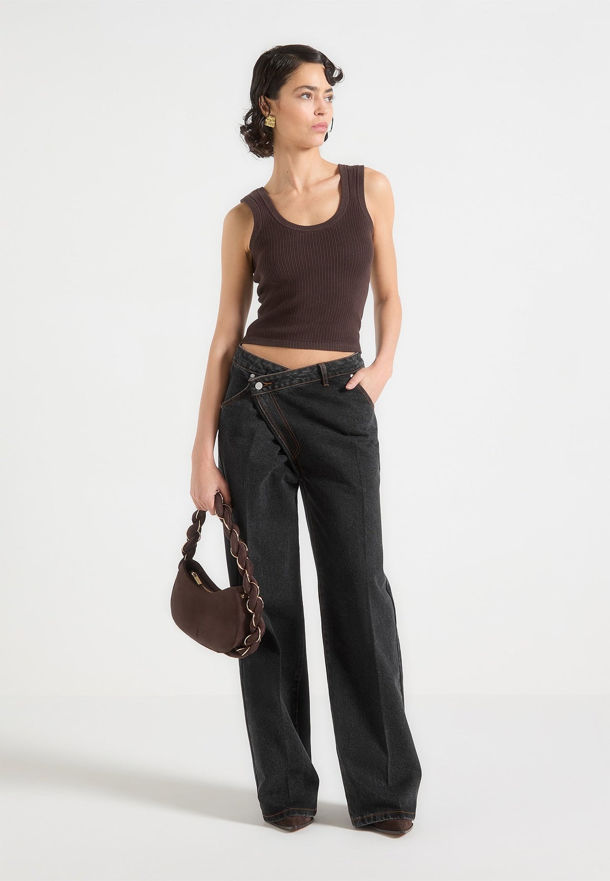 Astrid - Wrapover Wide Leg Denim Jeans - Washed Black