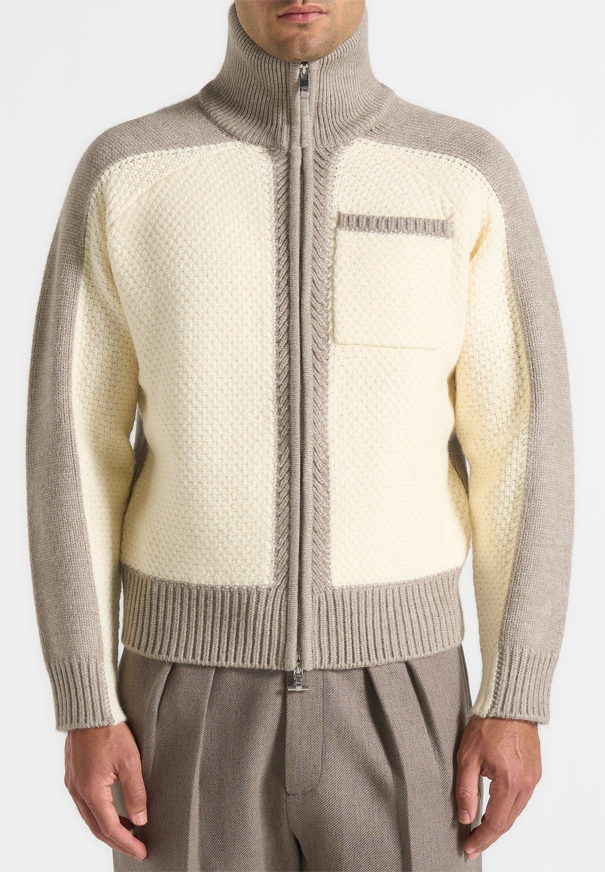 Rene - Colour Block Zip Through Cardigan - Cream/Beige