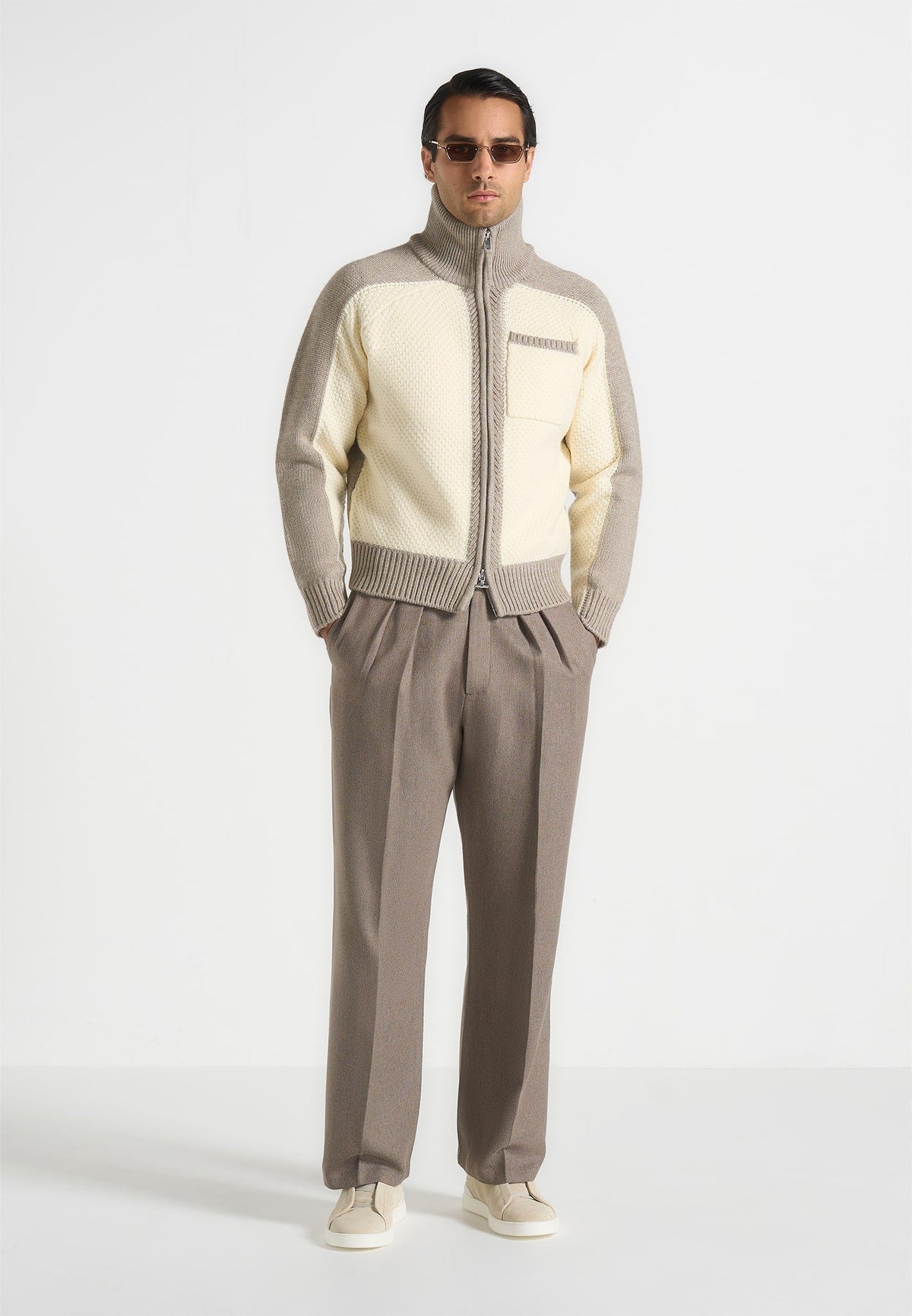 Rene - Colour Block Zip Through Cardigan - Cream/Beige