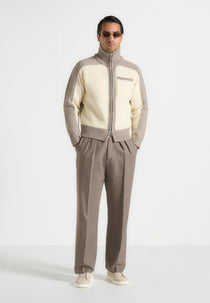 Rene - Colour Block Zip Through Cardigan - Cream/Beige