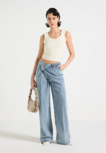 Astrid - Wrapover Wide Leg Denim Jeans - Mid Blue