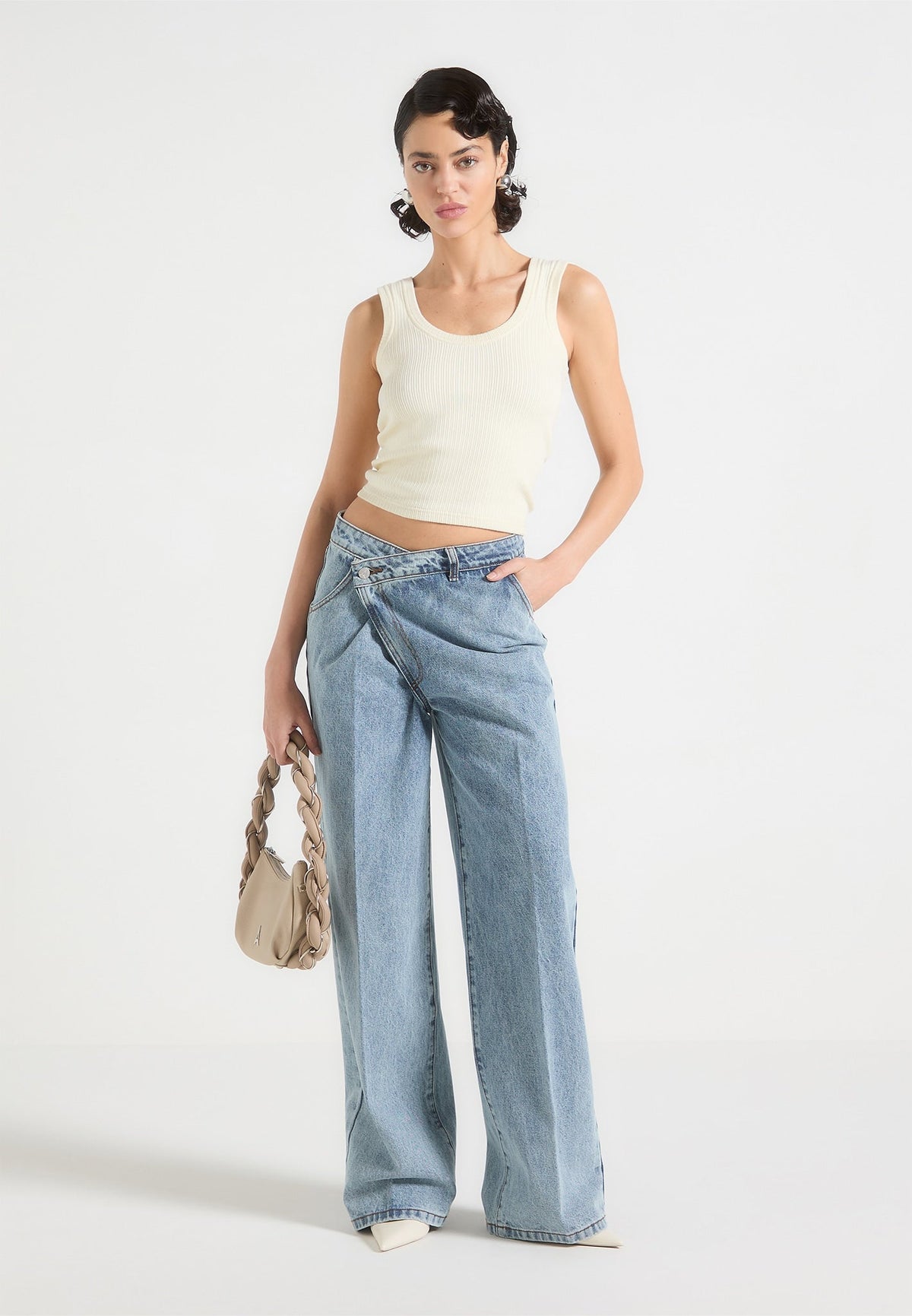 Astrid - Wrapover Wide Leg Denim Jeans - Mid Blue