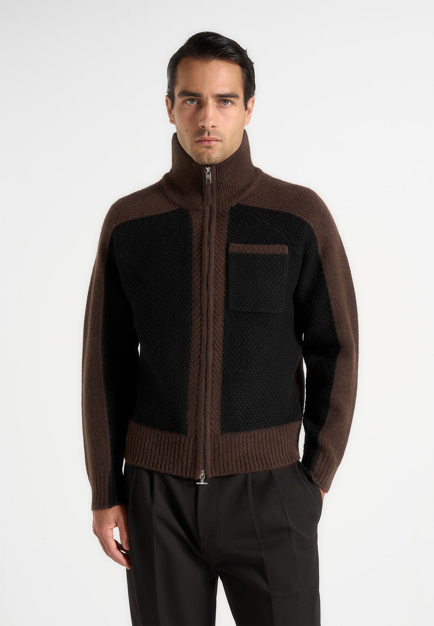rene-colour-block-zip-through-cardigan-black-brown 