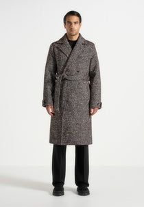 Ben - Herringbone Double Breasted Belted Coat - Brown