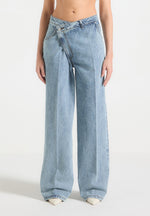 Astrid - Wrapover Wide Leg Denim Jeans - Mid Blue
