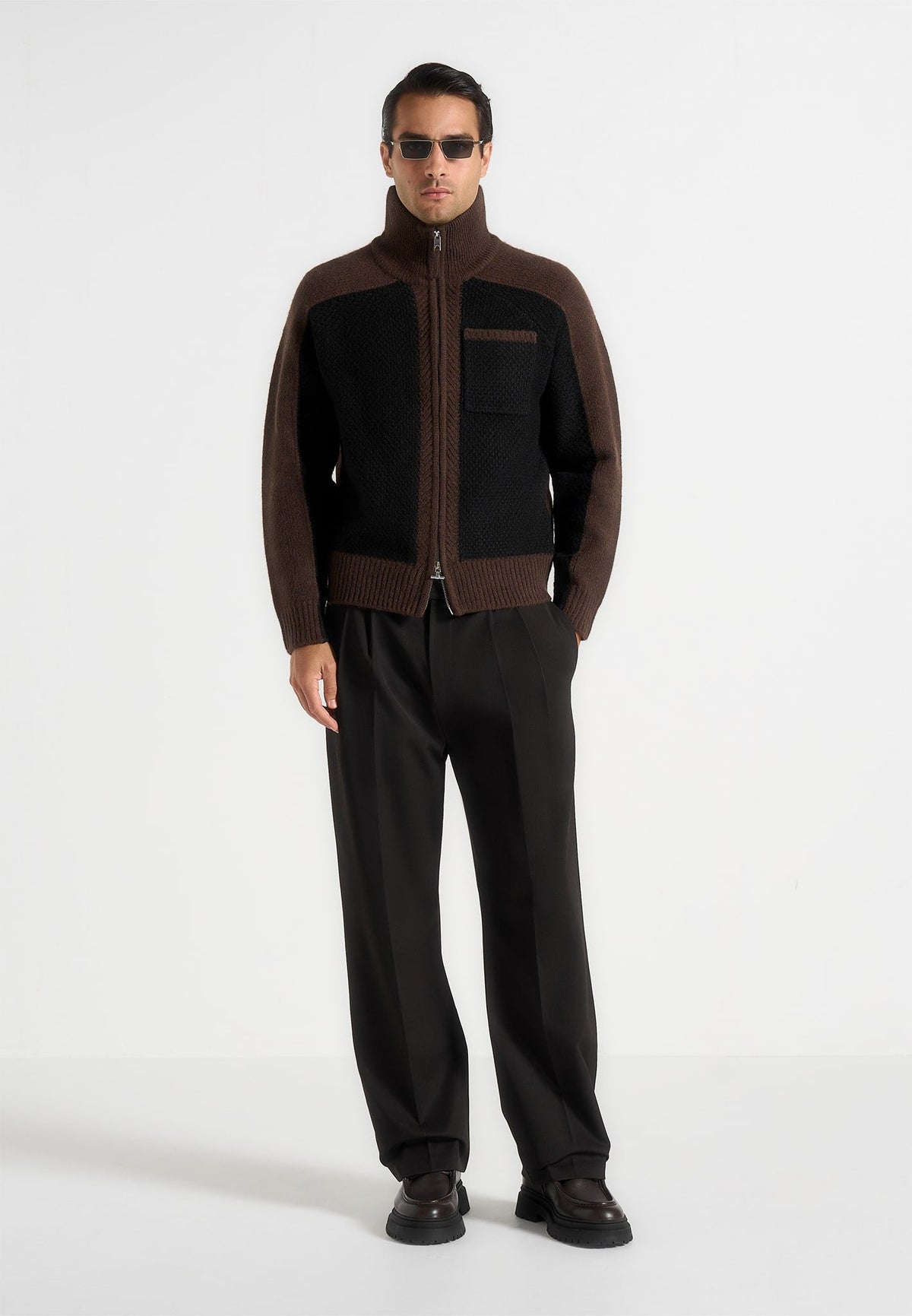 Rene - Colour Block Zip Through Cardigan - Black/Brown