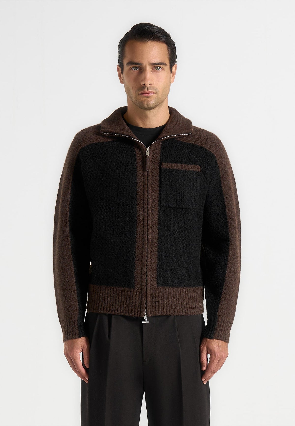 rene-colour-block-zip-through-cardigan-black-brown