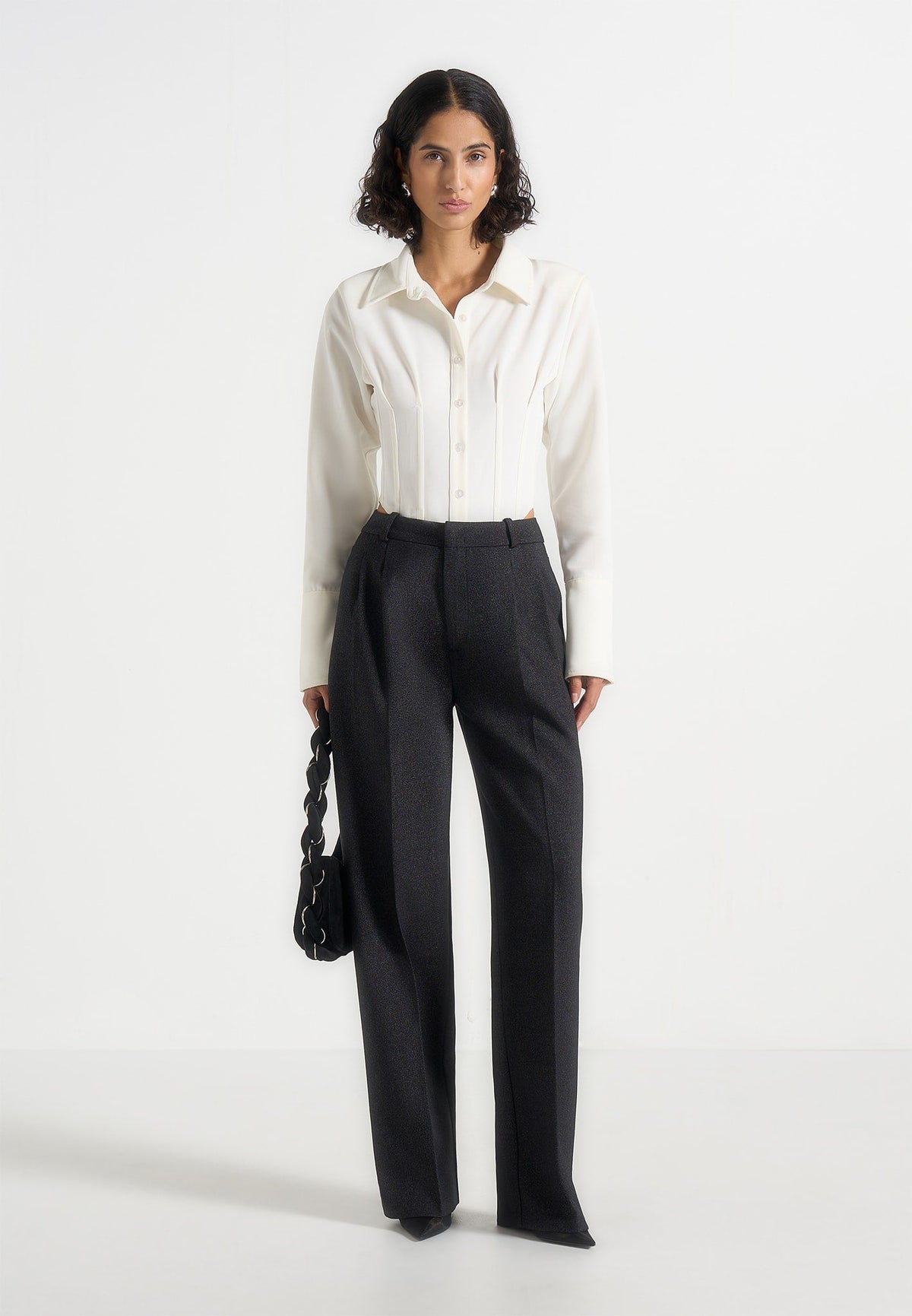 Julie - Tailored Twin Pleat Pants - Black Speckle