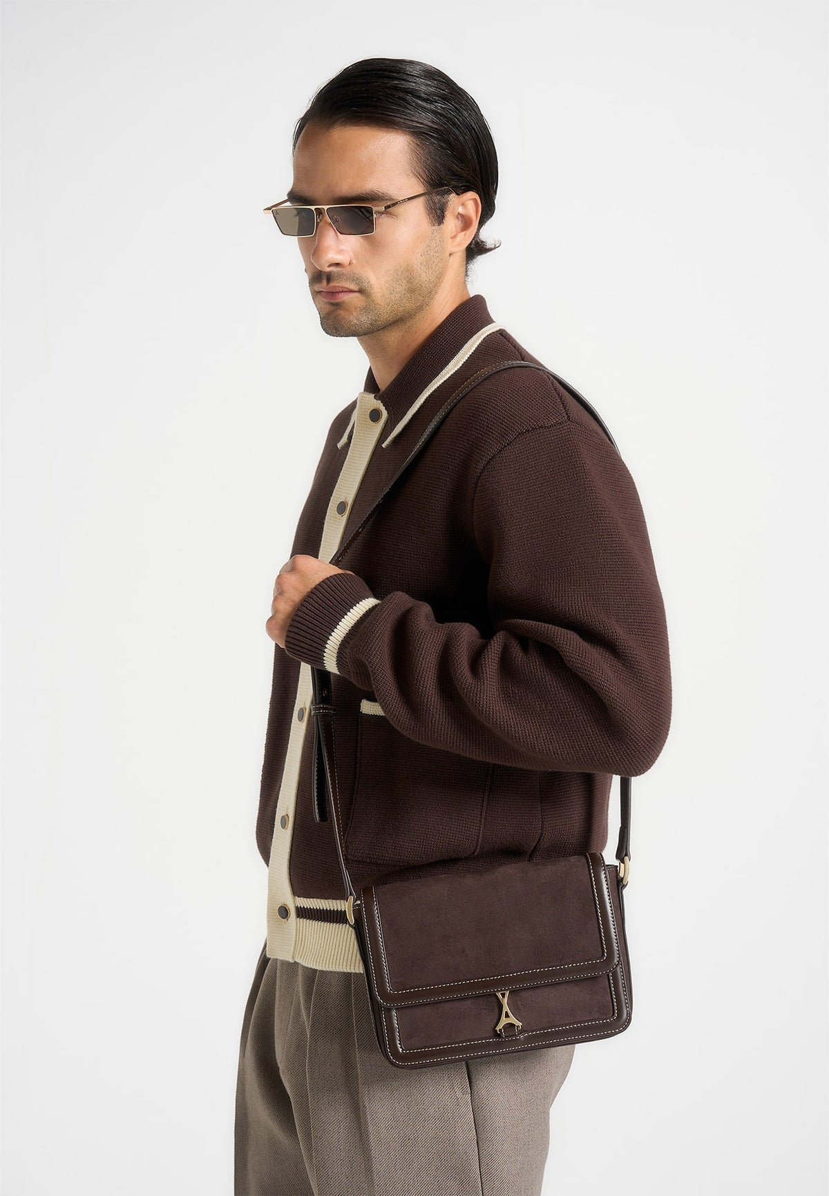 AC003 - Suede & Leather Crossbody Bag - Brown