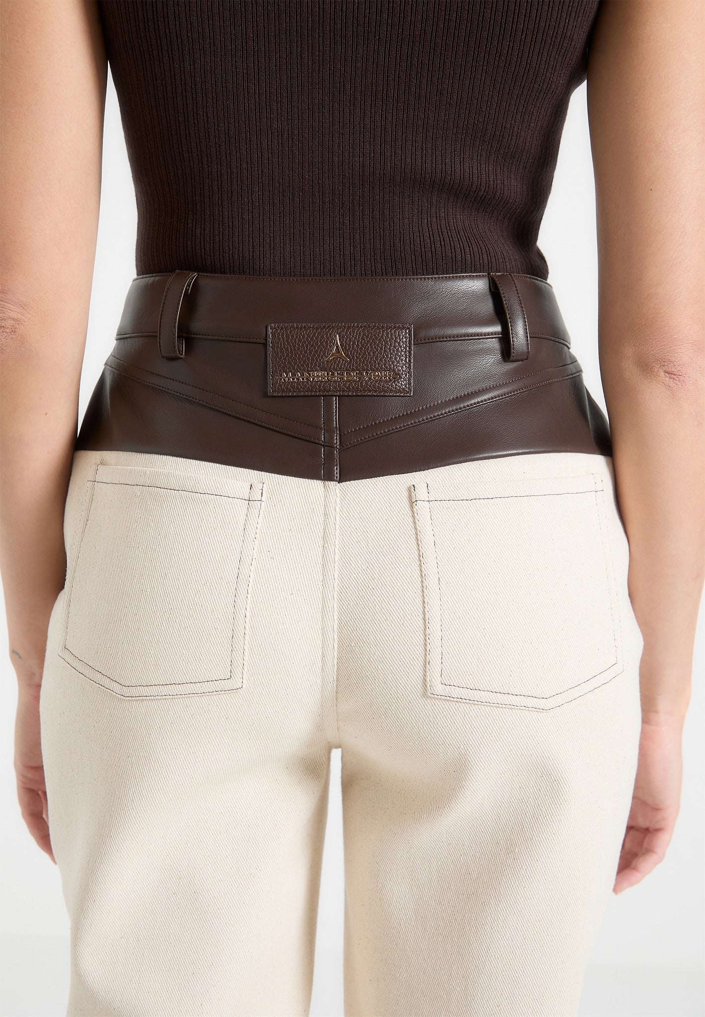 Renee - Denim & Leather Straight Leg Jeans - Cream/Brown