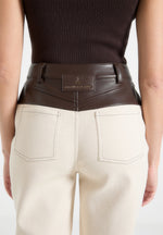 Renee - Denim & Leather Straight Leg Jeans - Cream/Brown