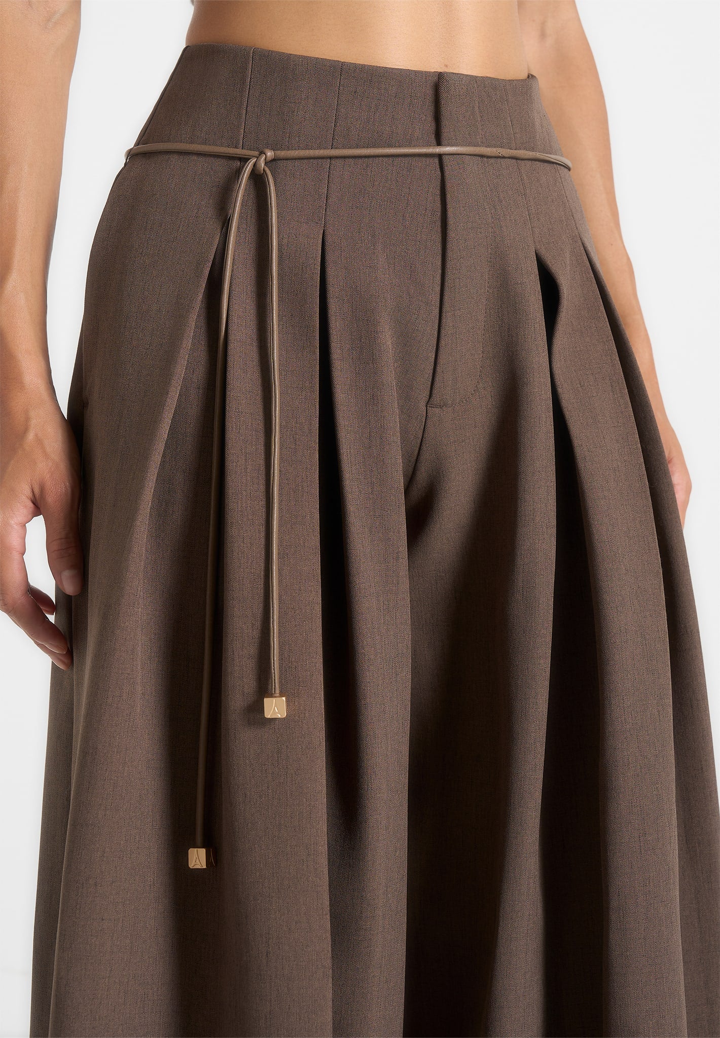 Flora - Box Pleat Wide Leg Belted Pants - Brown
