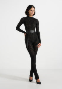 Tiana - Pointelle Knit Long Sleeve Jumpsuit with Belt - Black