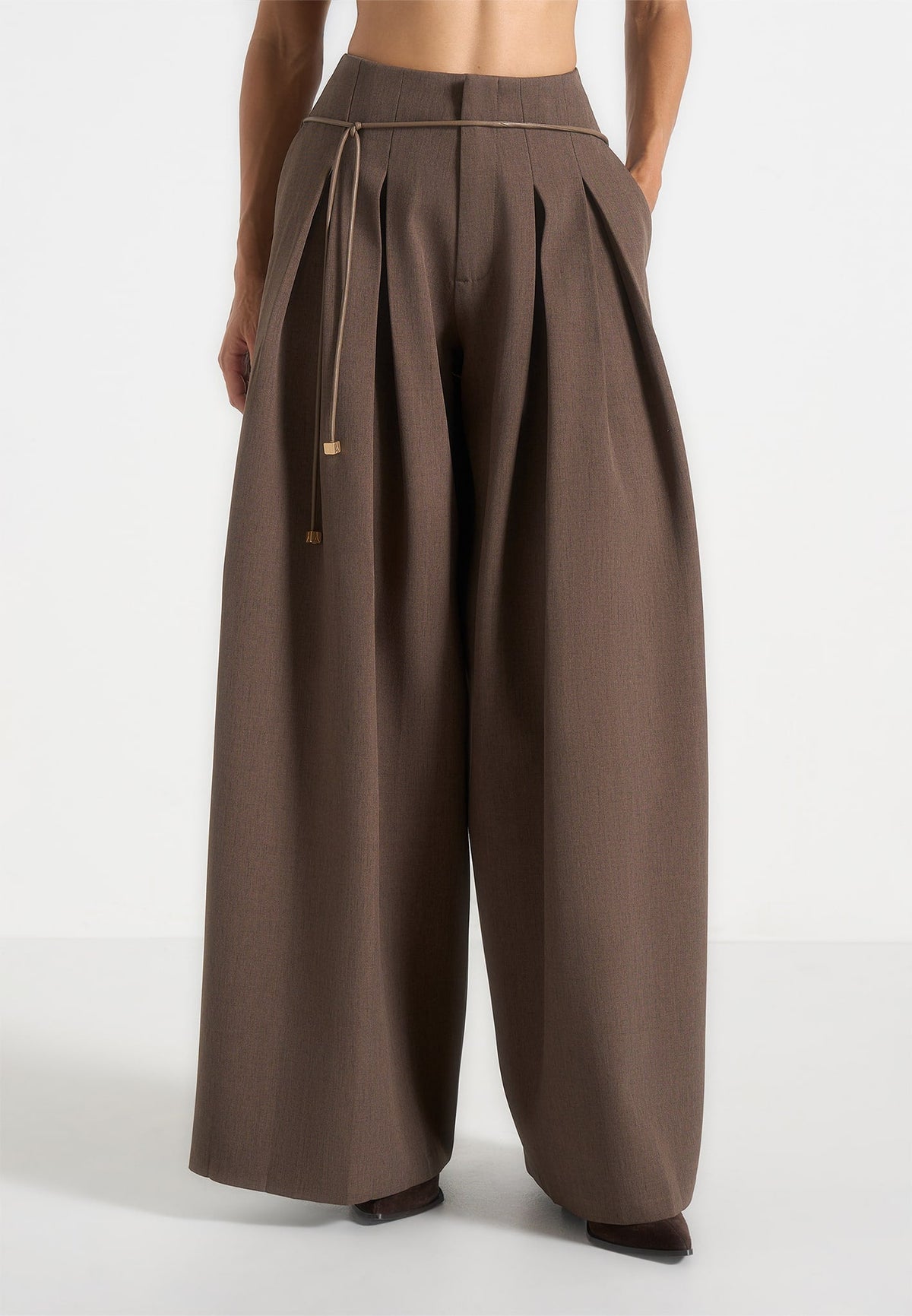 Flora - Box Pleat Wide Leg Belted Pants - Brown