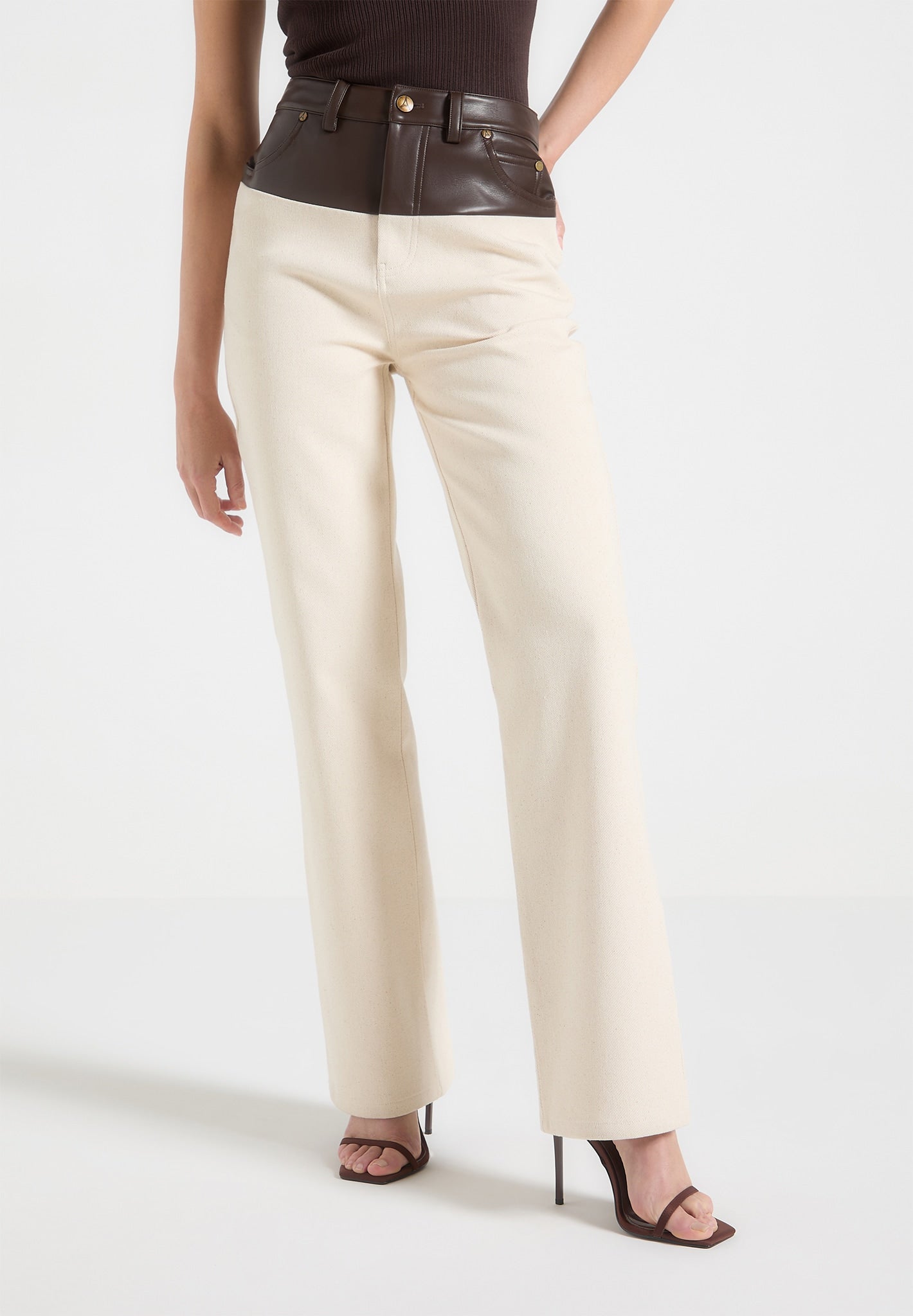 Renee - Denim & Leather Straight Leg Jeans - Cream/Brown 