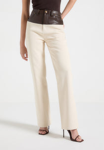 Renee - Denim & Leather Straight Leg Jeans - Cream/Brown