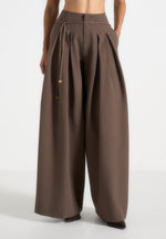 Flora - Box Pleat Wide Leg Belted Pants - Brown