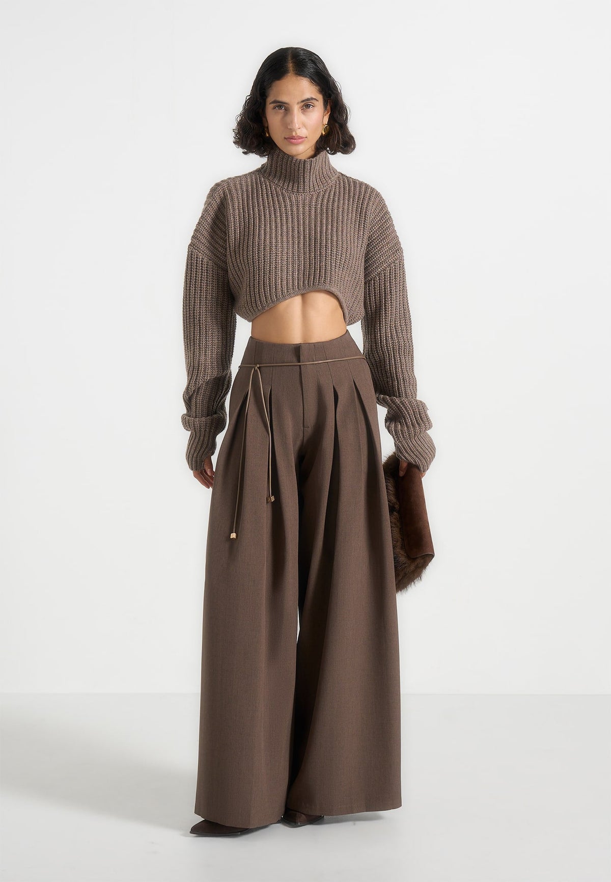 Flora - Box Pleat Wide Leg Belted Pants - Brown