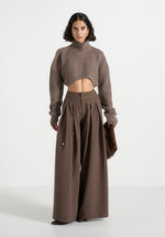 Flora - Box Pleat Wide Leg Belted Pants - Brown