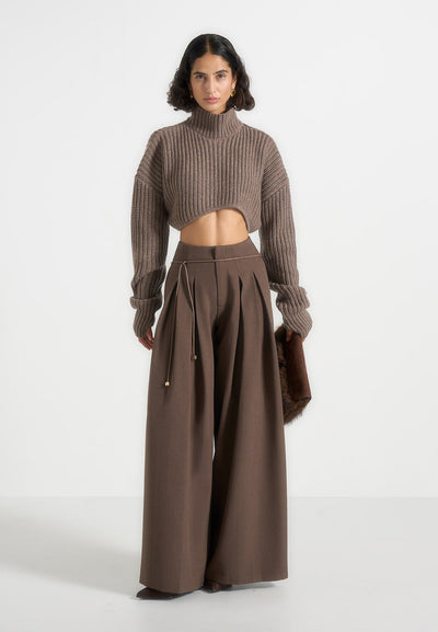 Flora - Box Pleat Wide Leg Belted Pants - Brown
