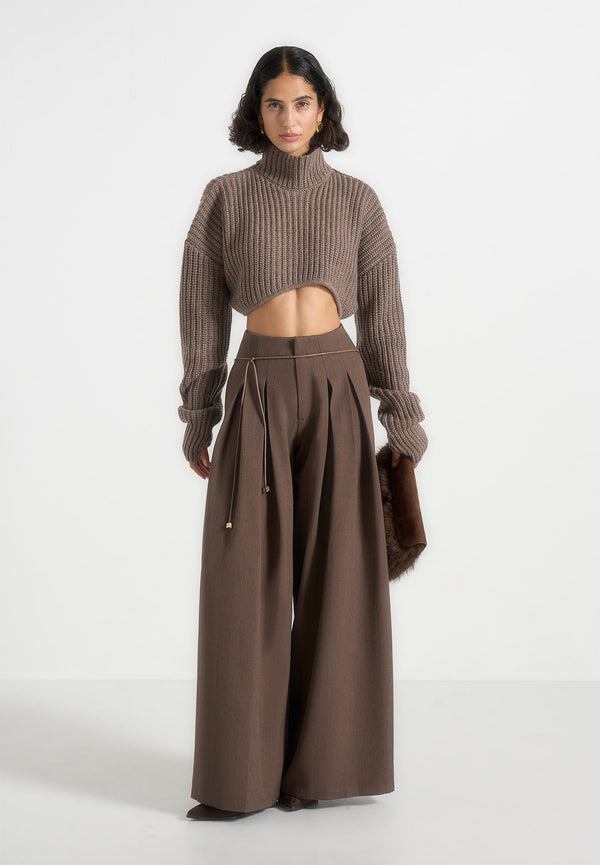 Flora - Box Pleat Wide Leg Belted Trousers - Brown