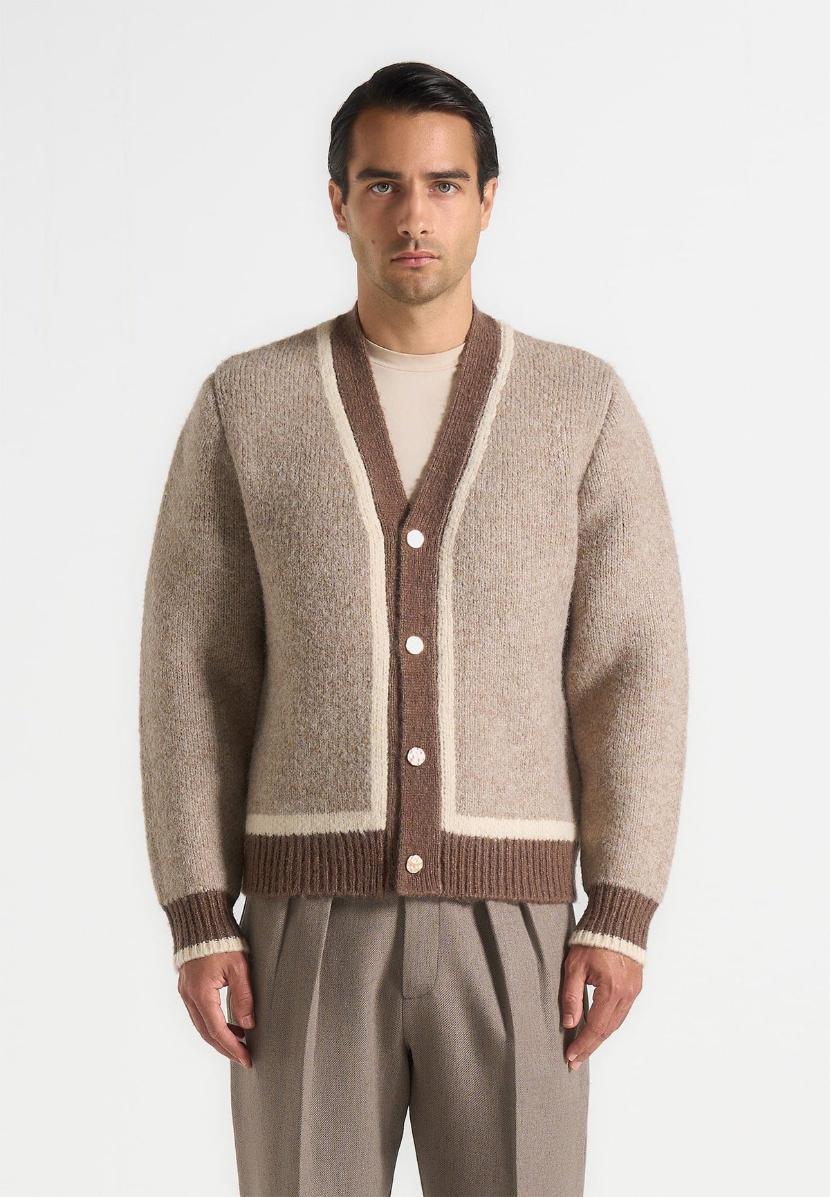 Elon - Wool Knit Contrast Cardigan - Taupe
